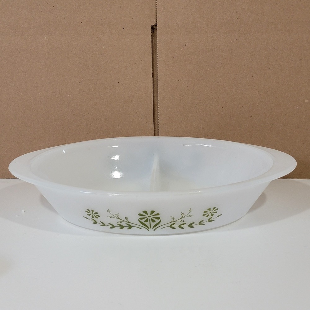 Vintage Glasbake J2354 Milk Glass Divided Casserole Dish Green Floral Daisy Oval